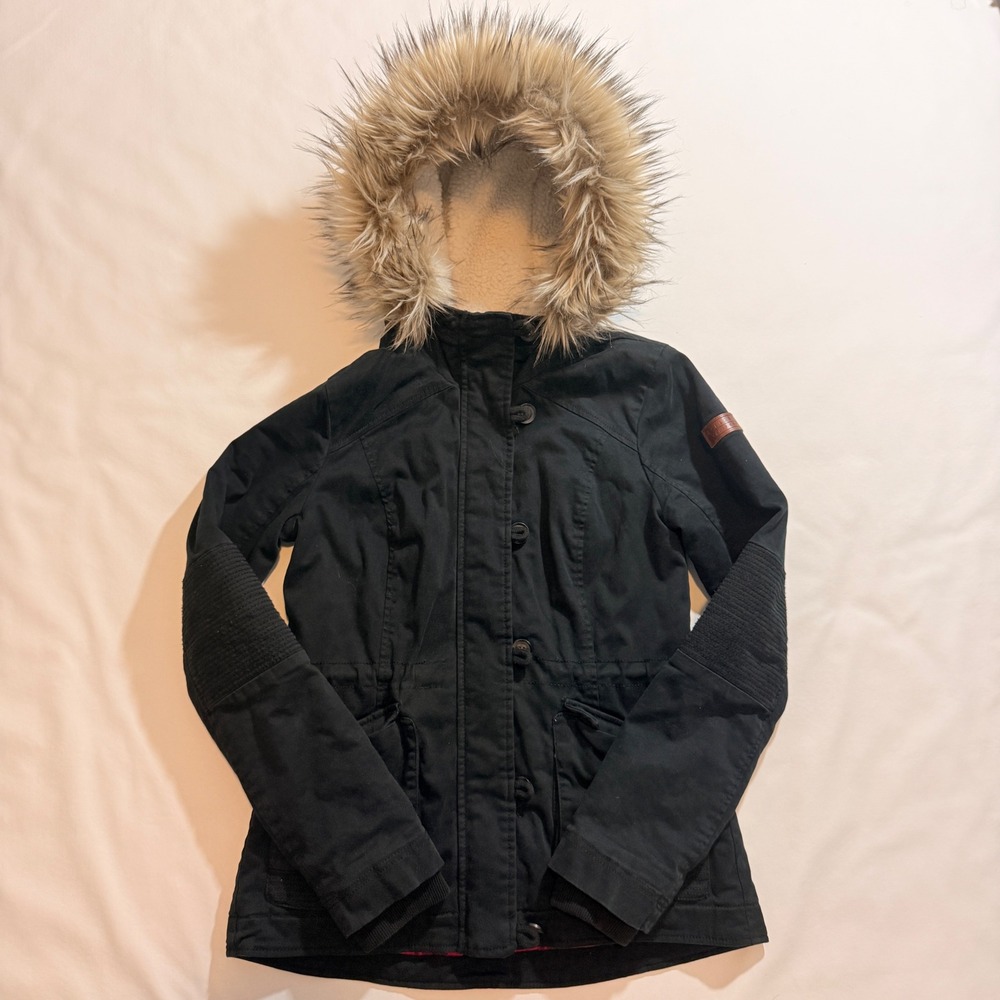 Y2K Hollister Parka Jacket Womens M Black Plaid Lined Faux Fur Hood Moto Sleeve